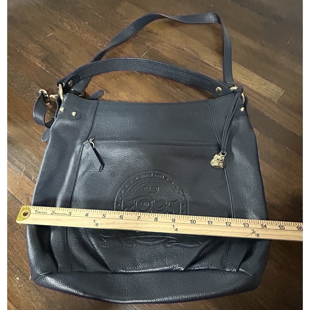 Borzalini black leather hobo bag Embossed Owl On Front Medium Size Gold Hardware - Picture 10 of 10
